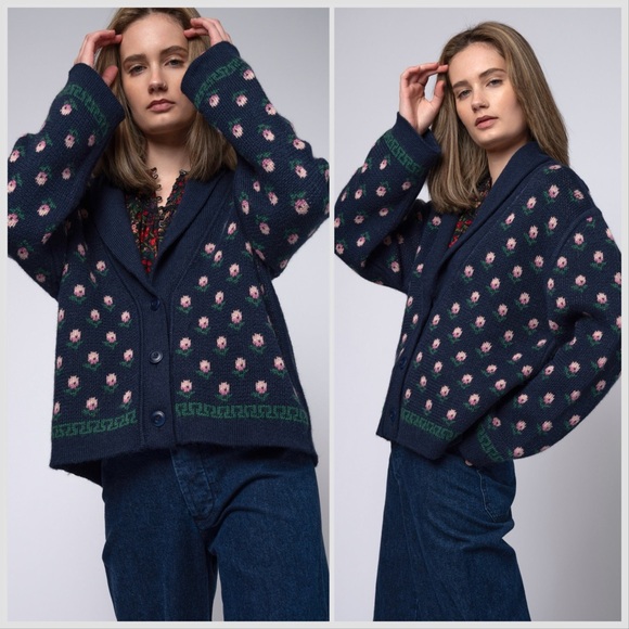 NWOT THE GREAT Navy Blue Bloom Lodge Alpaca & Wool Blend Floral Cardigan Sz S - Picture 5 of 16